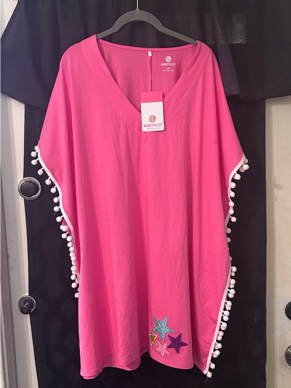Marley Lilly Hot Pink Pom Pom Swimsuit Coverup With Embroidered Star Accents NWT
